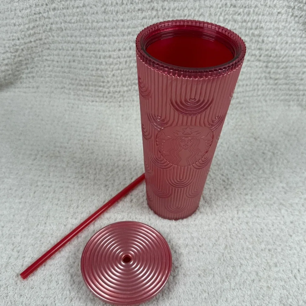 Starbucks 2022 Pink Tumbler 24 oz Cold Cup Quilted Arches‎ Reusable Straw Lid
